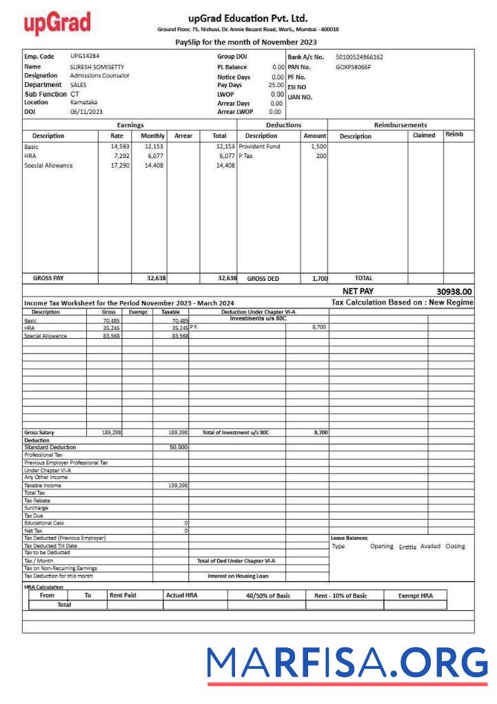 Realistic UpGrad Educaton payslip example